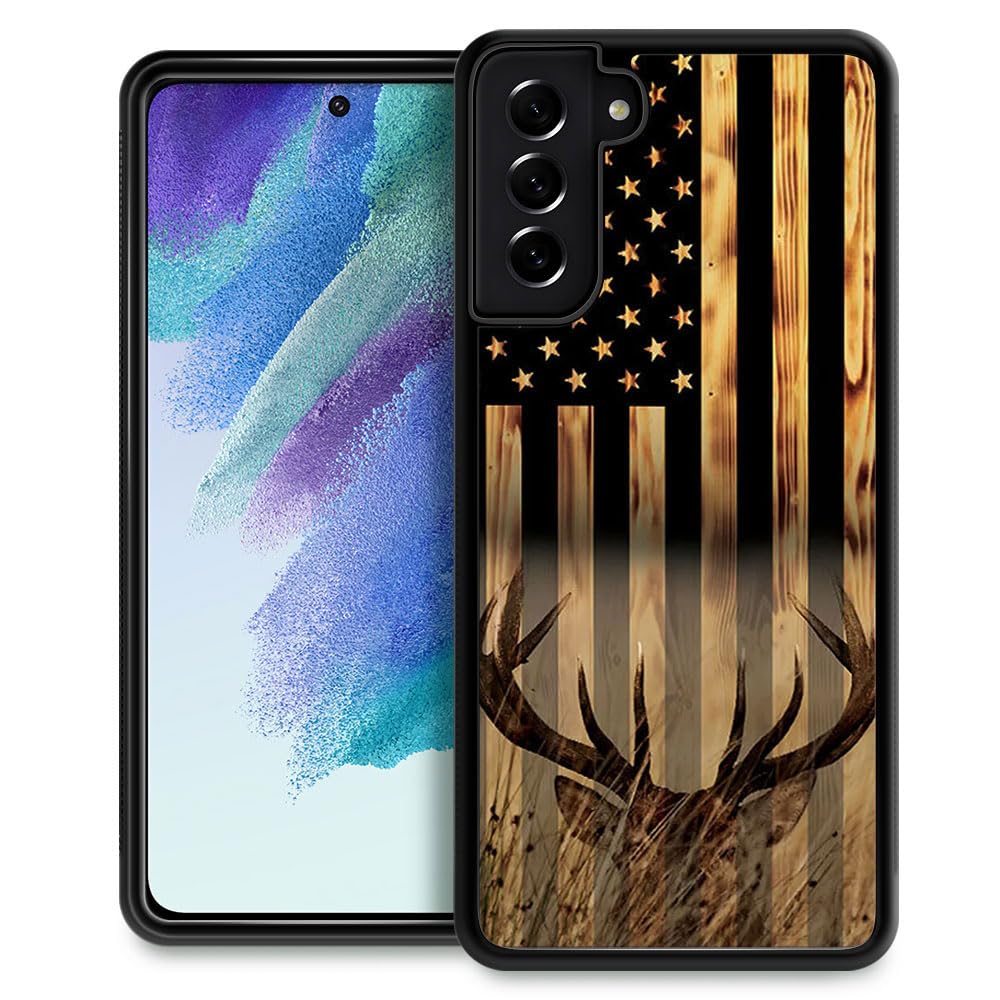 DJSOK Compatible with Samsung Galaxy S21 Plus Case，Design Pattern Back Bumper Anti Scratch Reinforced Corners Soft TPU Caver,Cases for Men Women-Wood Grain American Flag Buck Hunter Deer