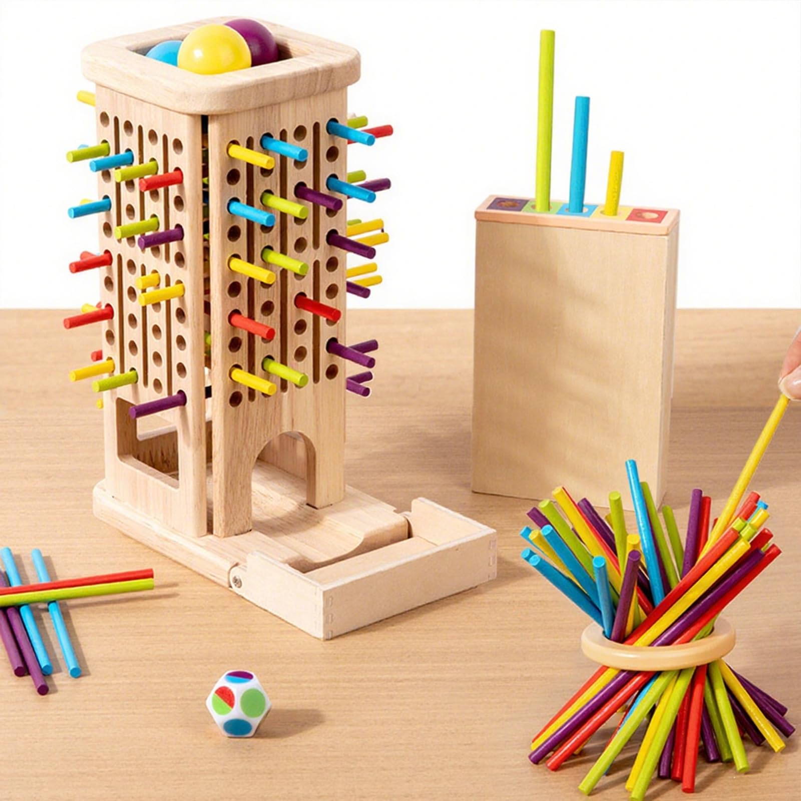 Guopai Montessori Spielzeug ab 3 Jahre – Lernspiel für Kinder – Holz Brettspiel mit 40 Bunte Holzstäbchen, Würfeln & Holzbox – Fördert Feinmotorik, Geschenk Mädchen Jungen von 3-9 Jahren