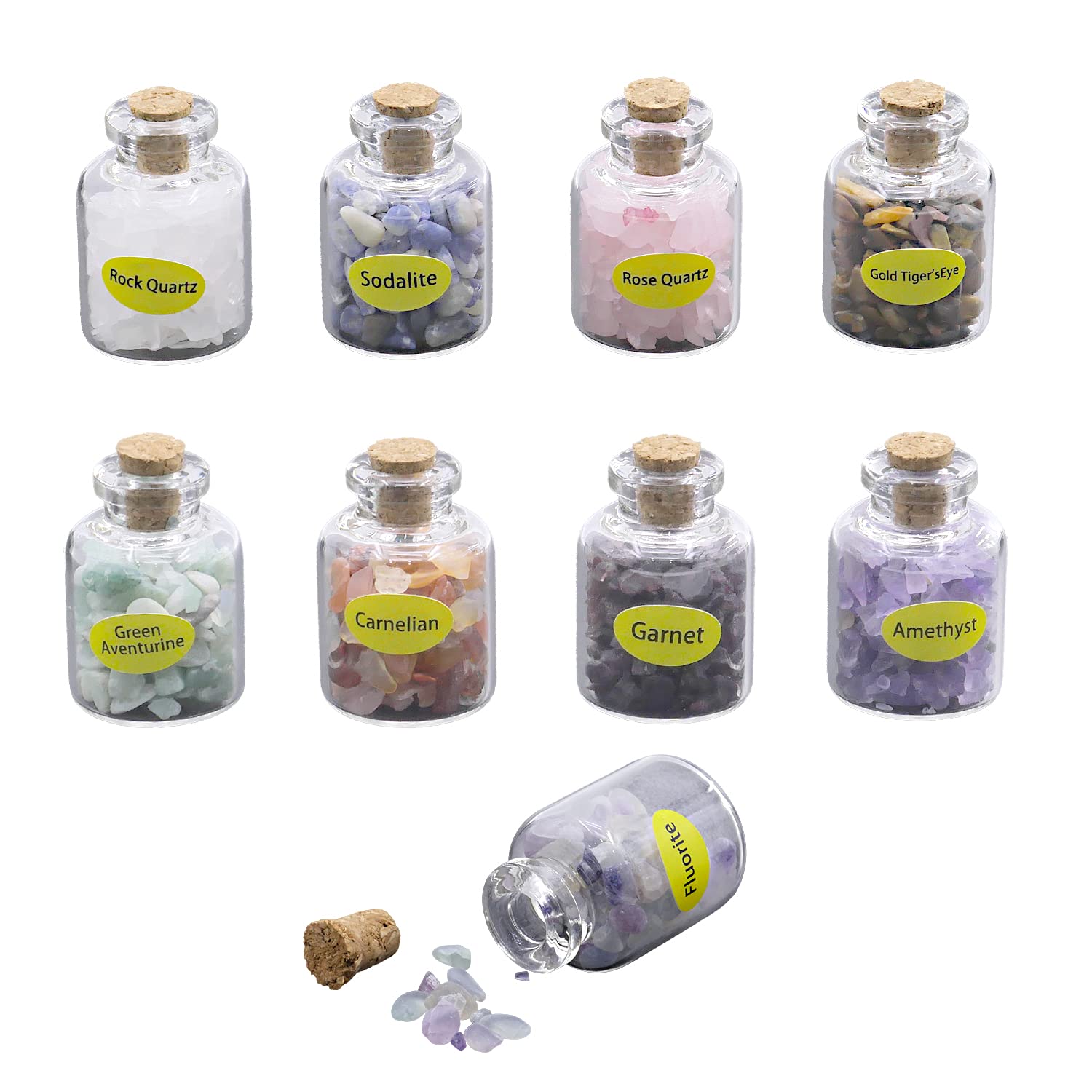 DBOO 9 Mini Gemstone Wishing Bottles, Reiki Healing Energy Chip Crystal Wicca Stones Set Collection Kit