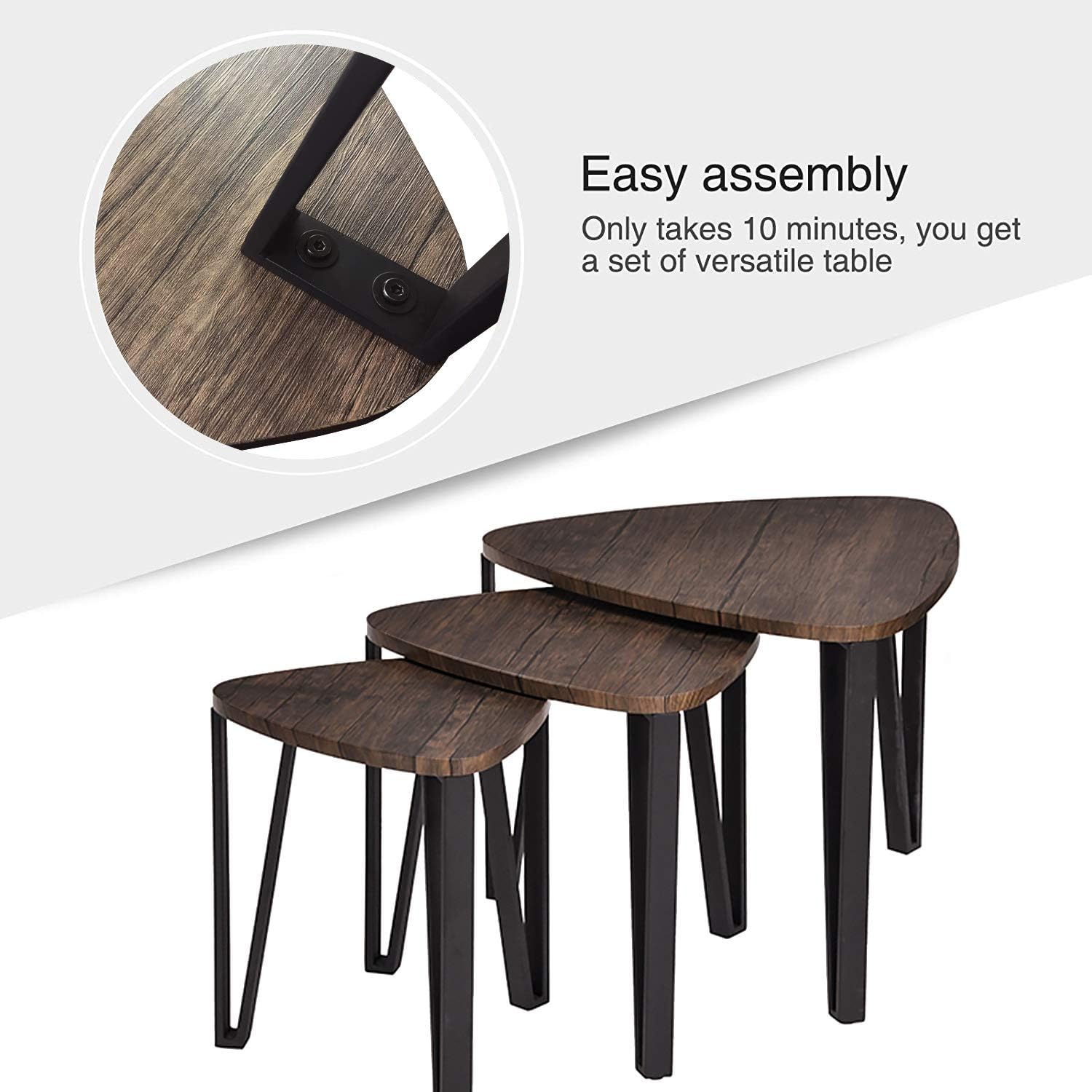 Industrial Nesting-Tables Living Room Coffee Table Sets of 3 Stacking End Side Tables Nightstands Vintage Night Tables for Bedroom Home Office Telepho: Home & Kitchen
