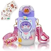 Kawaii Water Bottle Cute Water Bottles for Girls, Kawaii Water Bottle with Straw and Adjustable Strap, Portable Leakproof BPA-Free Drinking Bottle for School Outdoor Sports Travel, 24oz (Purple Cat)