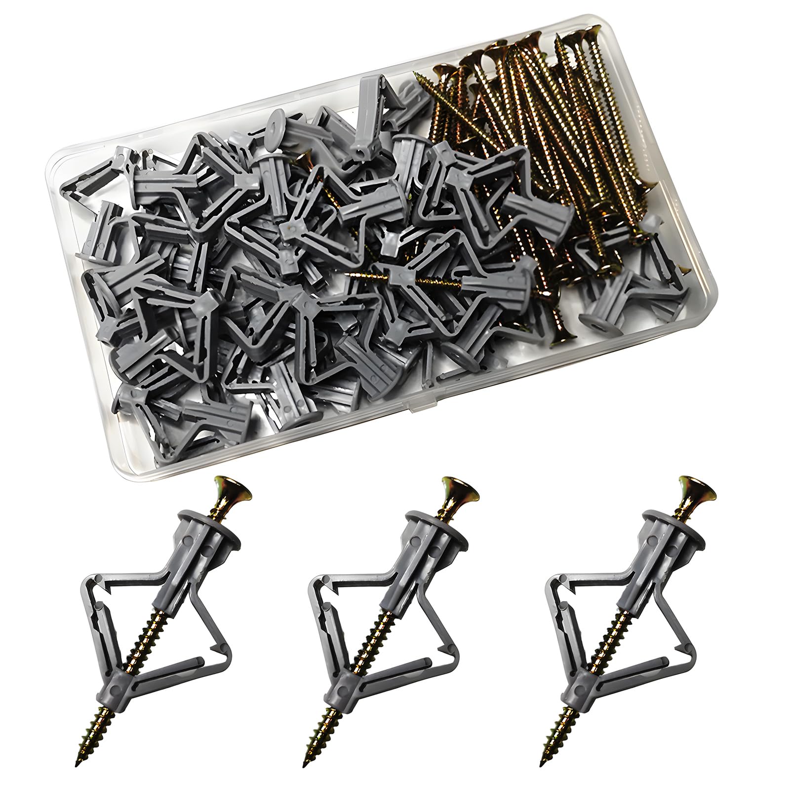 Wall Plugs For Plasterboard, CTRICALVER Plasterboard Wall Plugs Expansion Tube Plastic Anchors, Gray Butterfly Type Heavy Plasterboard Cavity Wall Fixings (50Anchor + 50Screw)