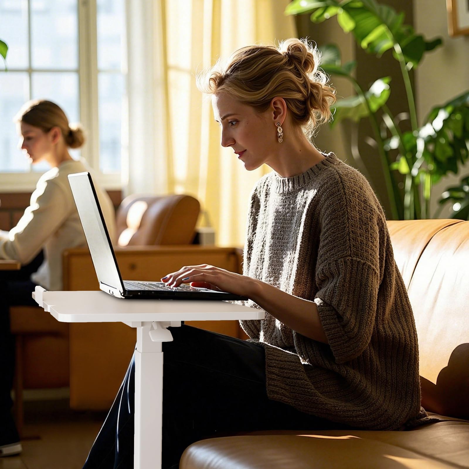 DUMOS Overbed Bedside Table Adjustable with Wheels, Mobile Standing Stand Up Rolling Laptop PC Desks with Tilting Top Height Tray Side Computer Workstation for Bedroom on Hospital Home Use, White