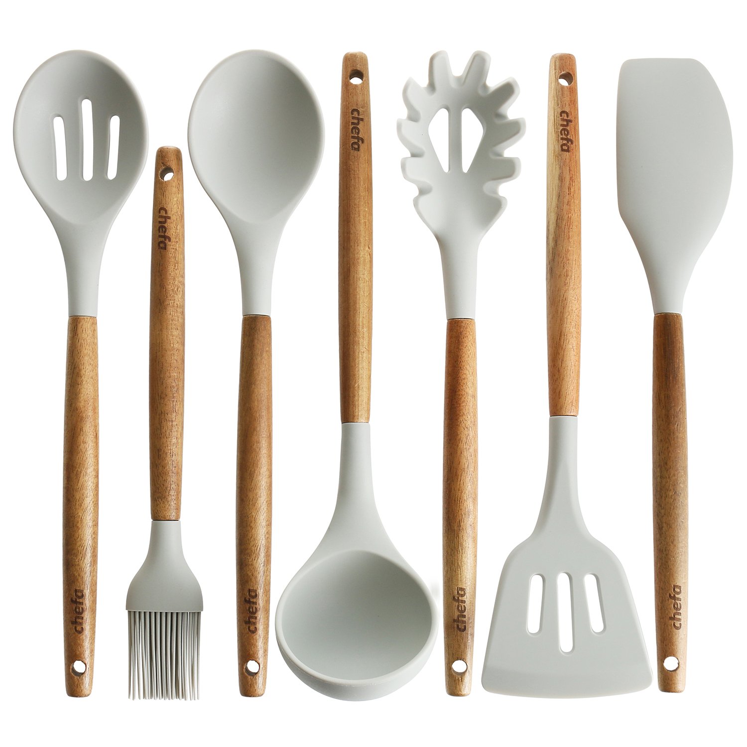 Photo 1 of Silicone Cooking Utensils | Wooden Handle, Non-Stick Cookware Heat Resistant Kitchen Utensil Spatula, Slotted & Solid Spoon, Soup Ladle, Slotted Turner and Spaghetti Server,| Acacia Wood - Light Grey