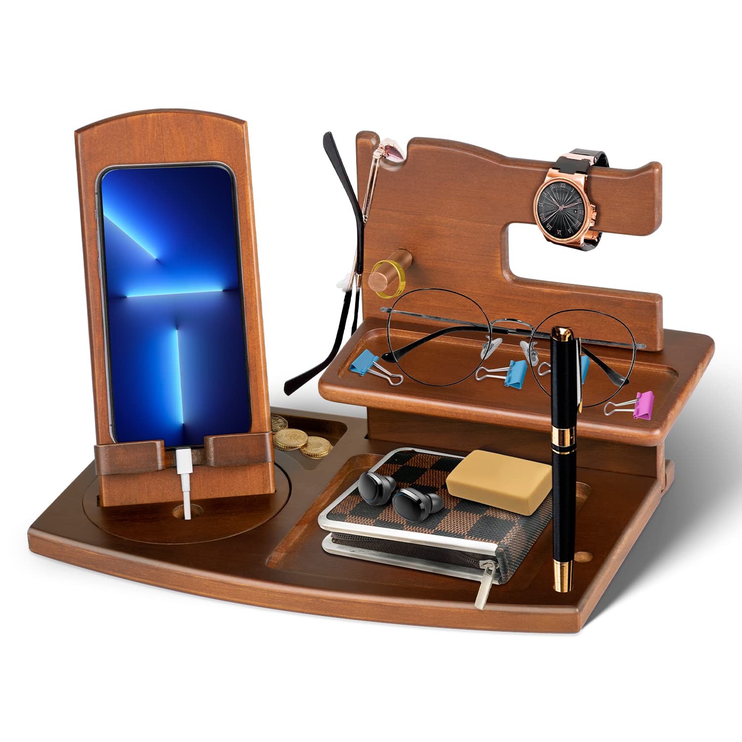Christmas Birthday Gifts for Men Wood Phone Docking Station Bedside Table Organiser Gifts for Dad Mens Gifts for Husband Dad Gifts for Him Anniversary Xmas Presents for Men Nightstand Key Wallet Stand โ image 1