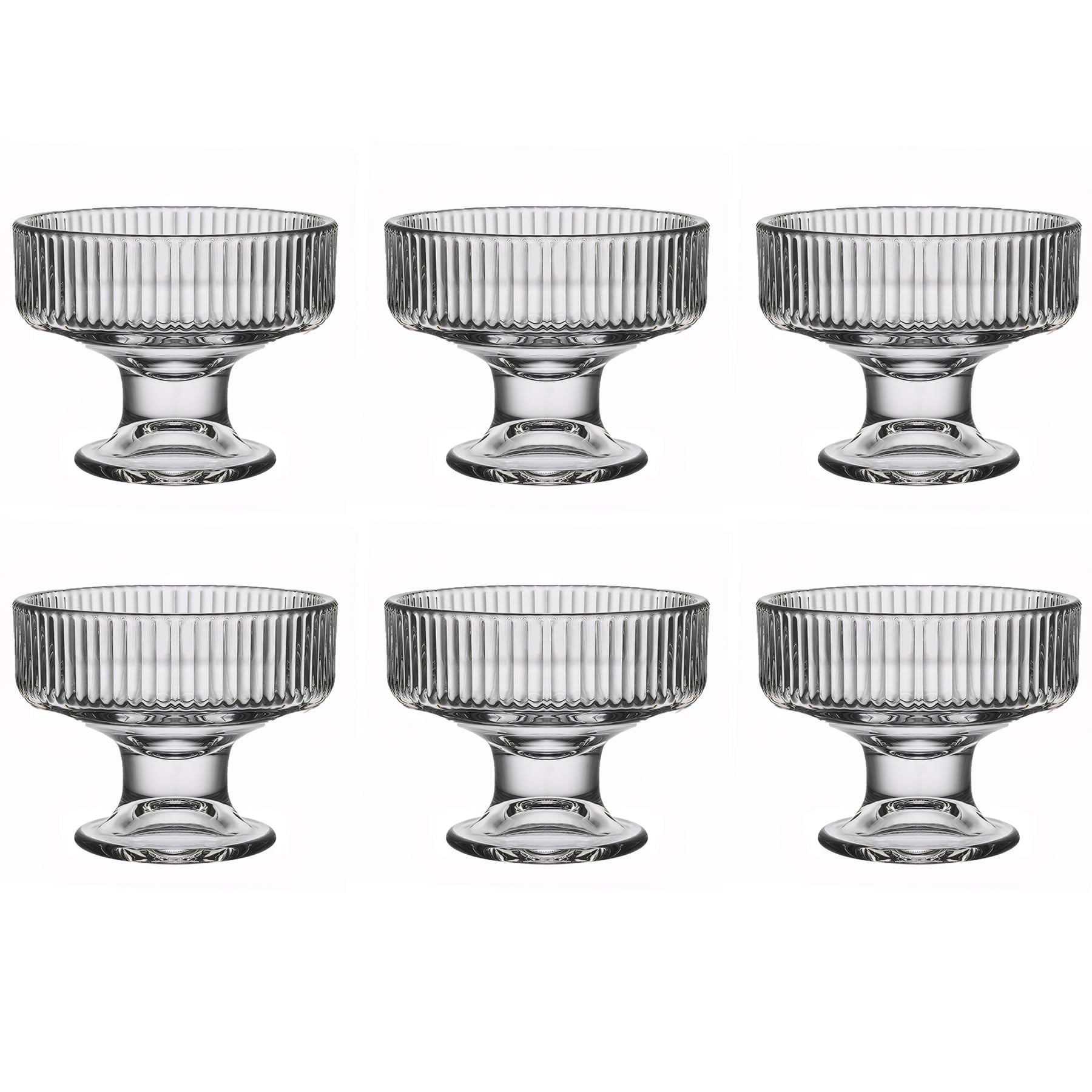 binsakao Glass Ice Cream Bowl Set of 6, Small Clear Mini Footed Dessert Cups for Fruit Pudding Trifle Parfait Sundae Nuts Cocktail Drinks Party (6.3 oz, Ribbed)