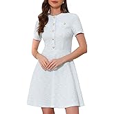 Allegra K Plaid Tweed Dress for Women's Button Up Round Neck Short Sleeve A-Line Vintage Mini Dresses