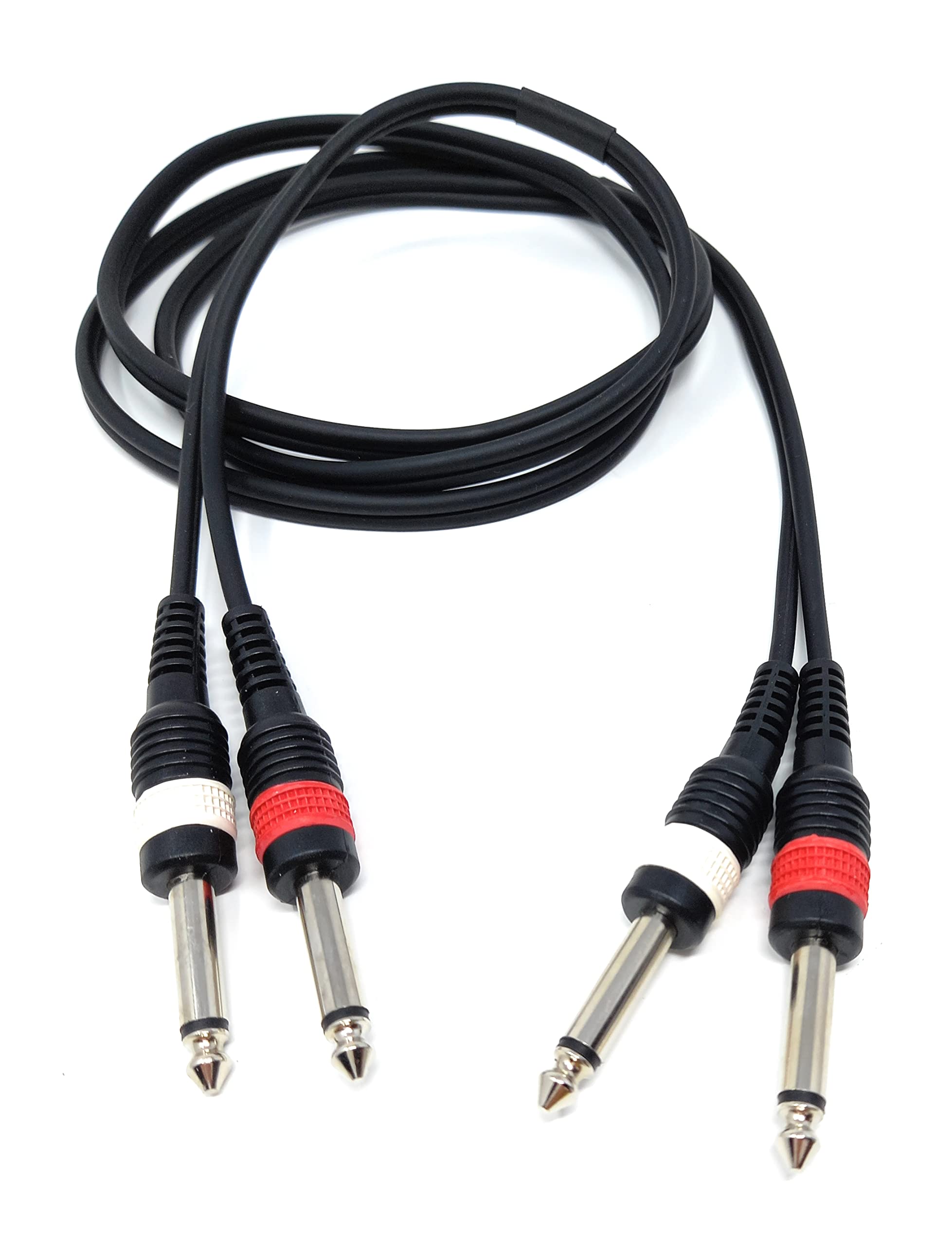 1.5m Twin 6.35mm Mono 2 x Jack to 2 x Jack Shielded Cable Lead, Rubber Reliefs, Helical PVC Cord, Nickel Connectors 5ft