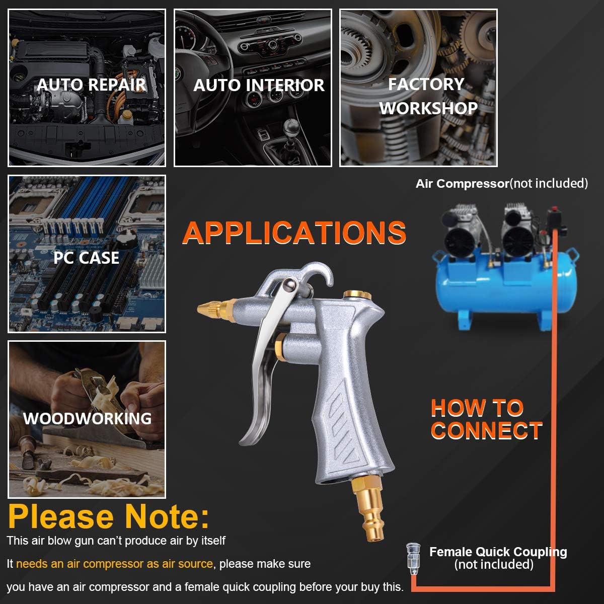 Industrial Air Blow Gun with Brass Adjustable Air Flow Nozzle and 2 Steel Air flow Extension, Pneumatic Air Compressor Accessory Tool Dust Cleaning Air Blower Gun - - 