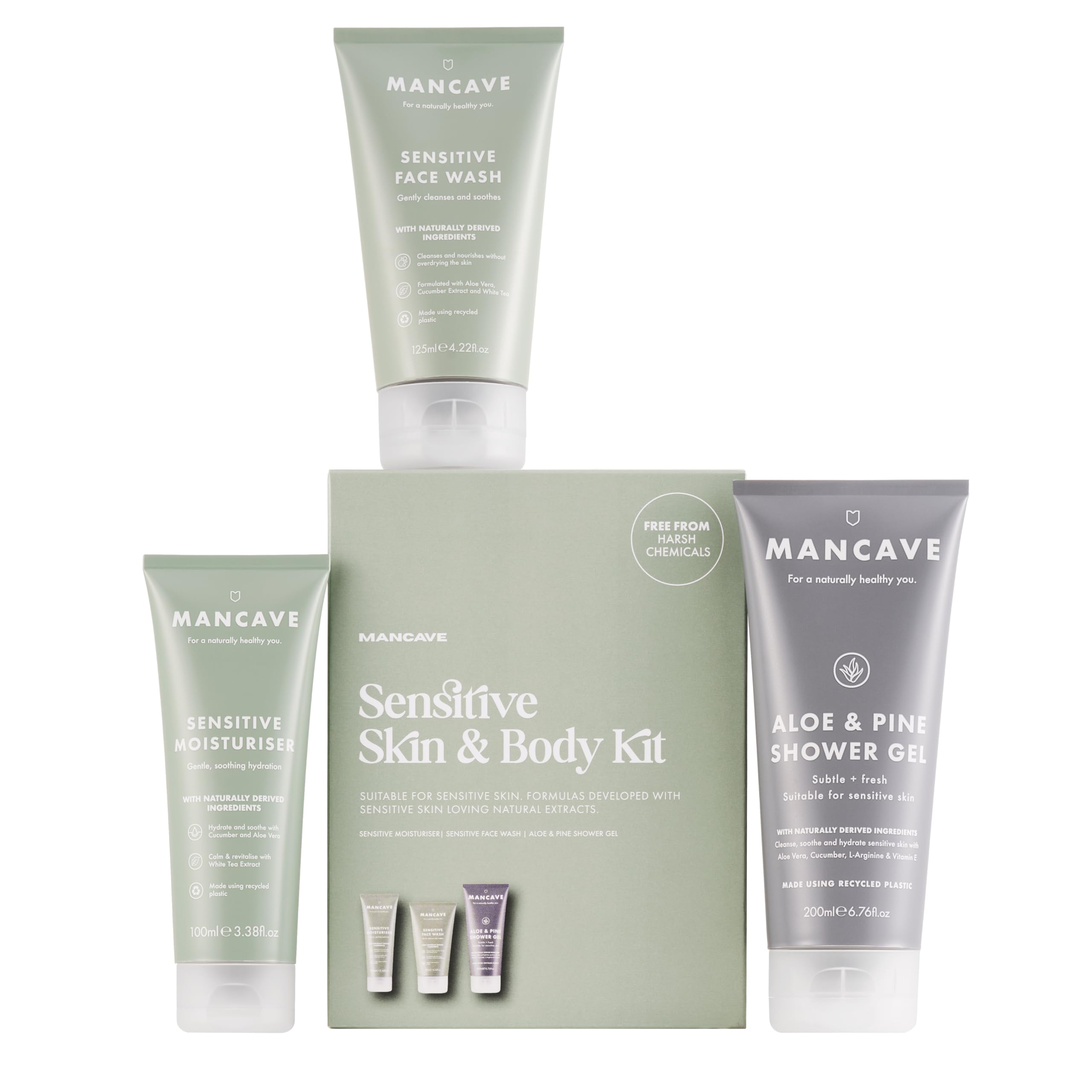 ManCave Sensitive Skin & Body Gift Set, Face Wash, Moisturiser, Shower Gel, Dermatologically Tested, Natural Formulations, Ideal for Travel, Vegan, Made in England, Packaging May Vary