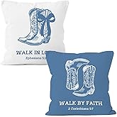 MONALET Blue White Western Christian Throw Pillow Covers 18x18 Set of 2, Cowgirl Boot Decor Pillow Cases for Teen Girls Dorm Bedroom, Bible Bow Walk in Love Decorative Pillowcases for Couch Bed Sofa