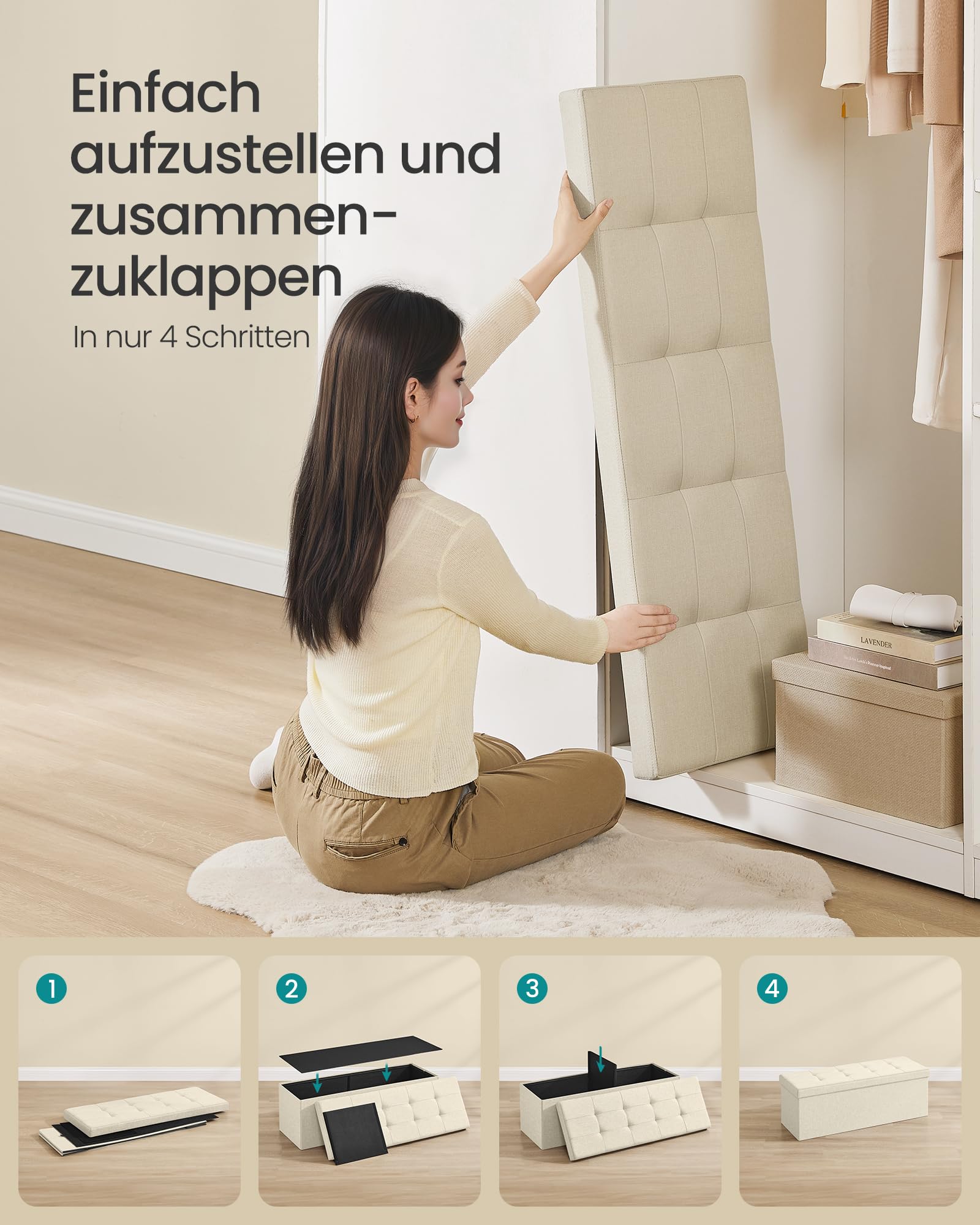 SONGMICS Sitzhocker mit Stauraum, klappbare Sitzbank, 38 x 110 x 38 cm Fußbank, Aufbewahrungsbox, bis 300 kg belastbar, für Wohnzimmer Schlafzimmer Flur, aschgrau LSF77G 6