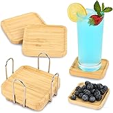 eleganlife Coasters Set of 6 for Coffee Bar Accessories - Bamboo, Drink Coasters with Holder for Home Decor and Wooden Small Snack Trays Set - Portable for Home, Office and Relaxation