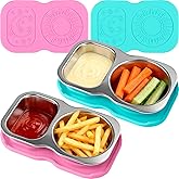 2-Pack Stainless Steel Snack Containers with Lid, Salad Dressing Container To Go, 5.3Oz 2-Compartment Small Condiment Container with Leak Proof Silicone Lid, Perfect Size Reusable Sauce Cup Snack Box