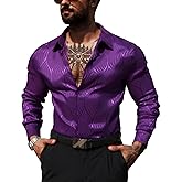 ZSJR Men Metallic Satin Dress Shirt Luxury Jacquard Long Sleeve Casual Button Down Shirts Silk Shirts