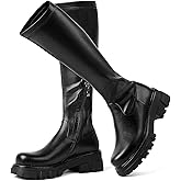 CouieCuies Women's Knee High Boots Black Tall Boot Lug Sole Shoes Stretch Below the Knee Comfortable Thick Sole Dressy Half Zipper