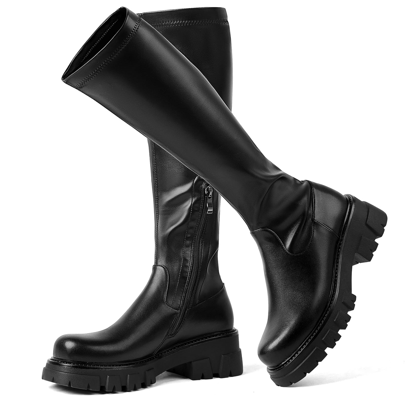 CouieCuies Women's Knee High Boots Black Tall Boot Lug Sole Shoes Stretch Below The Knee Comfortable Thick Sol