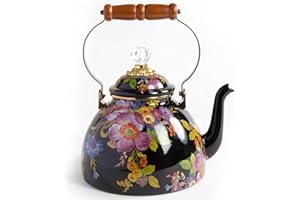 MACKENZIE-CHILDS Enamel Tea Kettle, Cute Kitchen Kettle for Stovetop, 3-Quart Capacity, Black Flower Market