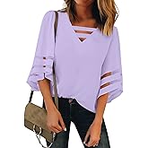 luvamia Women Casual Strappy V Neck Blouse 3/4 Bell Sleeve Mesh Panel Shirts Top