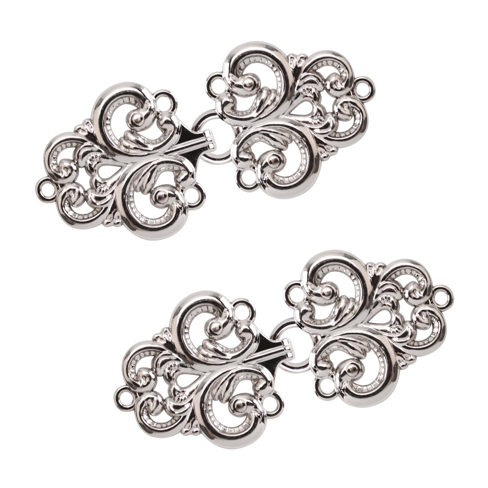 WANDIC Cloak Clasp Fasteners, 2 Pairs Swirl Flower Cape Fasteners Sew On Hooks and Eyes Cardigan Clip, Silver