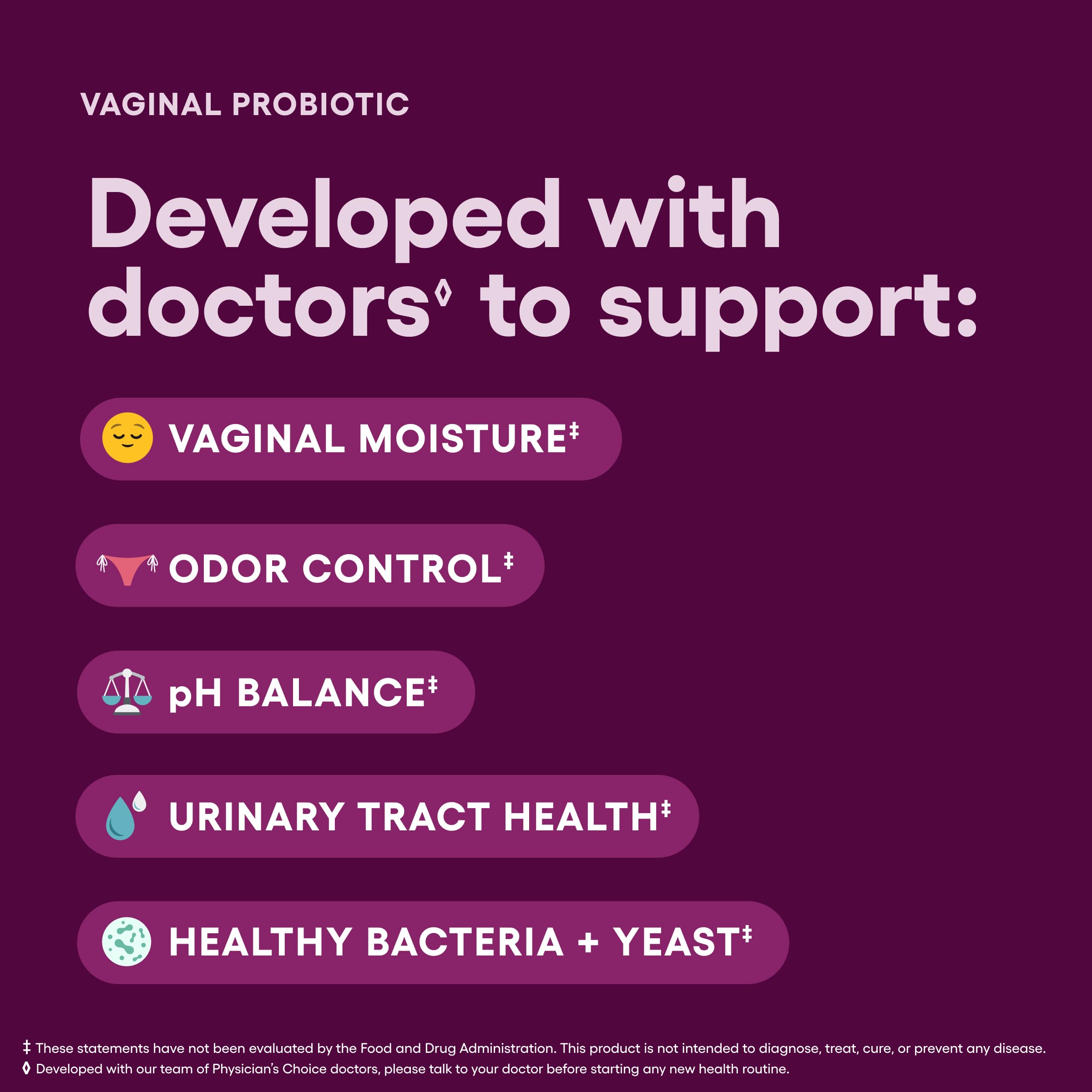 Physician's CHOICE Vaginal Probiotics for Women - Moisture, pH Balance, Odor Control, Yeast Balance, Vaginal Flora, Feminine Health - 6B CFU with Organic Prebiotics and Cranberry Extract - 30 CT