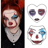 2 Pcs Halloween 3D Face Gems Jewels Tattoos Clown Face Temporary Makeup Stickers for Halloween Rave Cosplay Party
