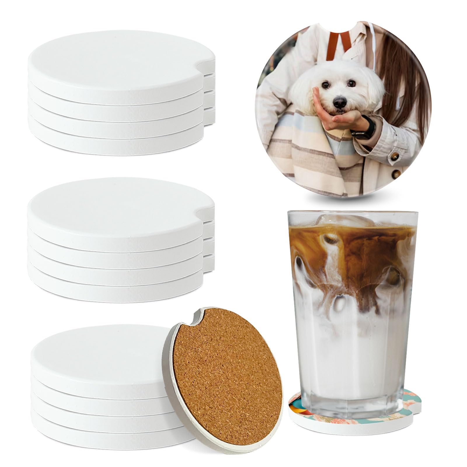 Photo 1 of 12Pcs Ceramic Sublimation Blanks Car Coasters Car Cup Holder Coasters with Circular Opening Printing Coaster Blanks for DIY Craft Heat Transfer