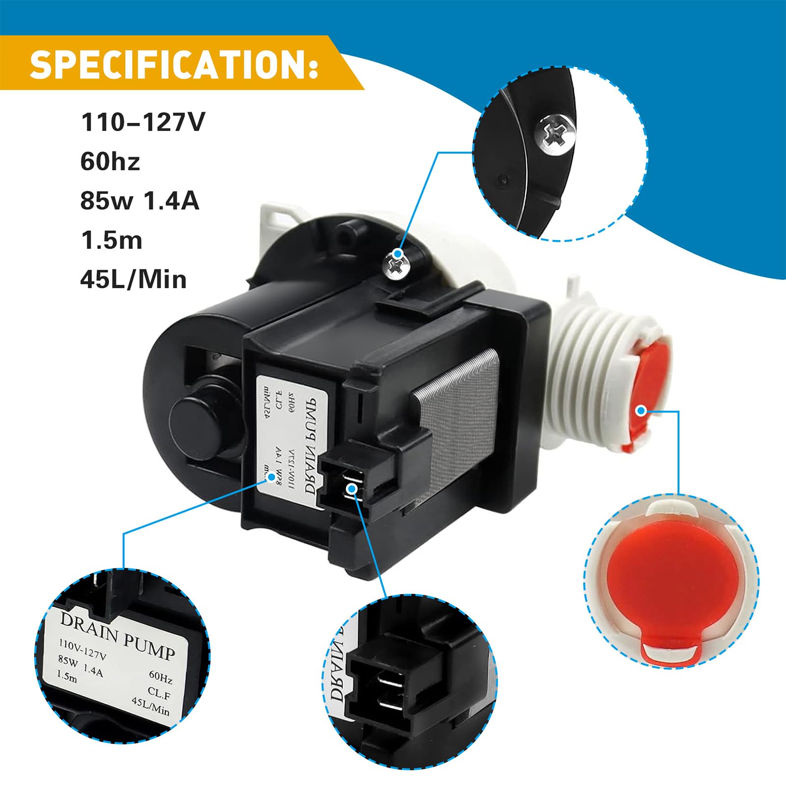 137221600 Washer Drain Pump Replacement for Frigidaire, Westinghouse, Kenmore, Gibson - Replaces 137108100 134051200 137151800,131724000,134740500,PS7783938,AP5684706, 2754548