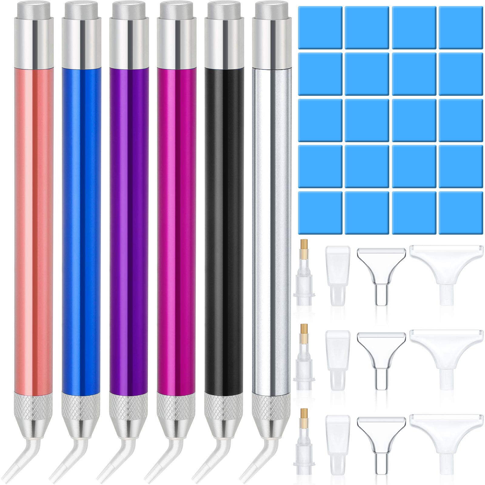 6 Pieces LED Diamond Drill Pen Point Drill Pen with Light 5D Painting Tool 15 Pieces Replacement Pen Heads 20 Pieces Painting Glue Clay for Nail DIY Craft Decoration