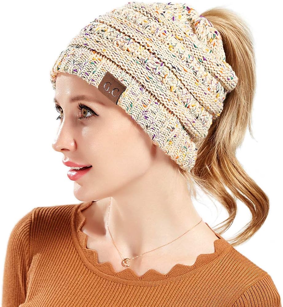 G.C Winter Ponytail Hat Messy Bun Beanie Warm Knitted Hats with