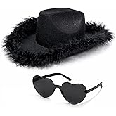 4E's Novelty Cowboy Hat with feathers With Heart Shaped Sunglasses for Women, Felt Cowgirl Hat for Party Costume Dress Up