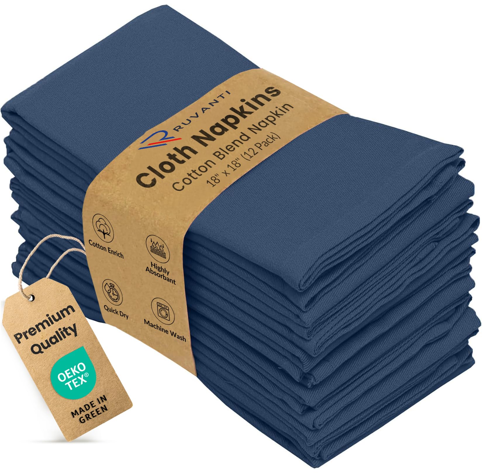 Ruvanti Cloth Napkins 12 Pack 18X18 Inch Dinner Table Napkins, Soft & Comfortable Cotton Enrich, Navy Blue Napkins, Washable, Reusable Linen Napkin for Christmas, Dinner, Weddings, Bar, Cocktail Party
