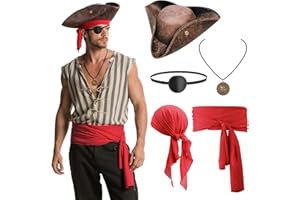 FITNICE 5PCS Pirate Costume Accessories Set for Men Halloween Pirate Hat Faux Leather Tricorn Hat, Bandana, Sash, Eye Patch, Necklace Medieval Renaissance Accessories for Pirate Cosplay Party