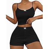 Hilinker Womens Graphic 2 Piece Pajama Set Summer Cute Crop Cami and Shorts Ribbed Lounge Sets