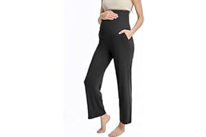 Liu & Qu Womens Maternity High Waisted Lounge Pants Casual Stretchy Ribbed Palazzo Pants Pregnancy Trousers with Pockets
