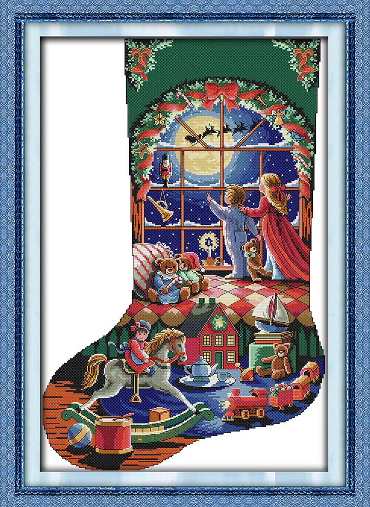 OWN4B Cross Stitch Kits Pre Printed, Christmas Stocking-Children's Paradise Stamped Pattern 11CT 21.3x30.3 inch DIY Embroidery Kit (Sock 4)