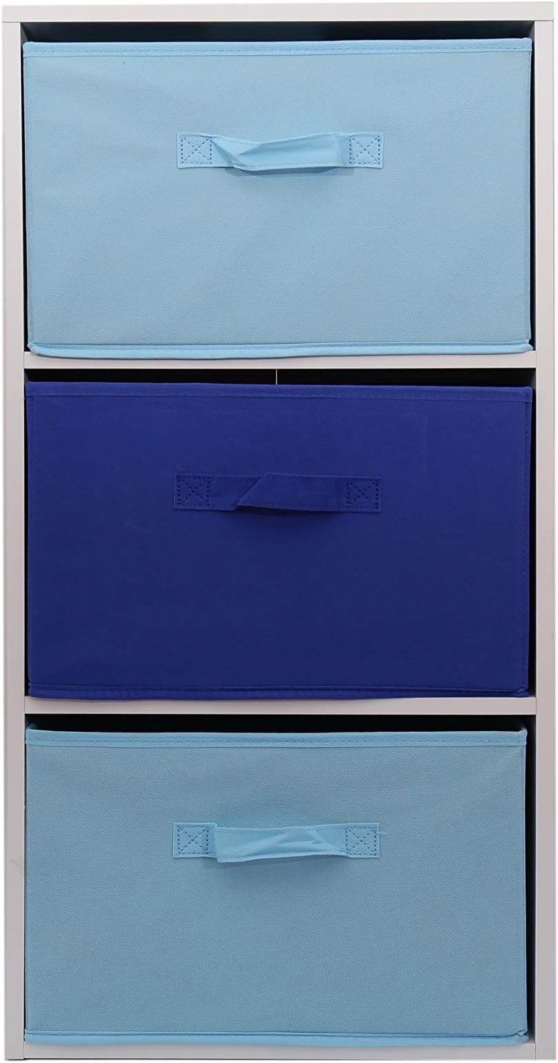 RAINBOW Colourful Storage, 3 Fabric Drawers Removable Bins, Display Shelf White Frame + Kids Children Toy Chest (Light & Dark Blue)