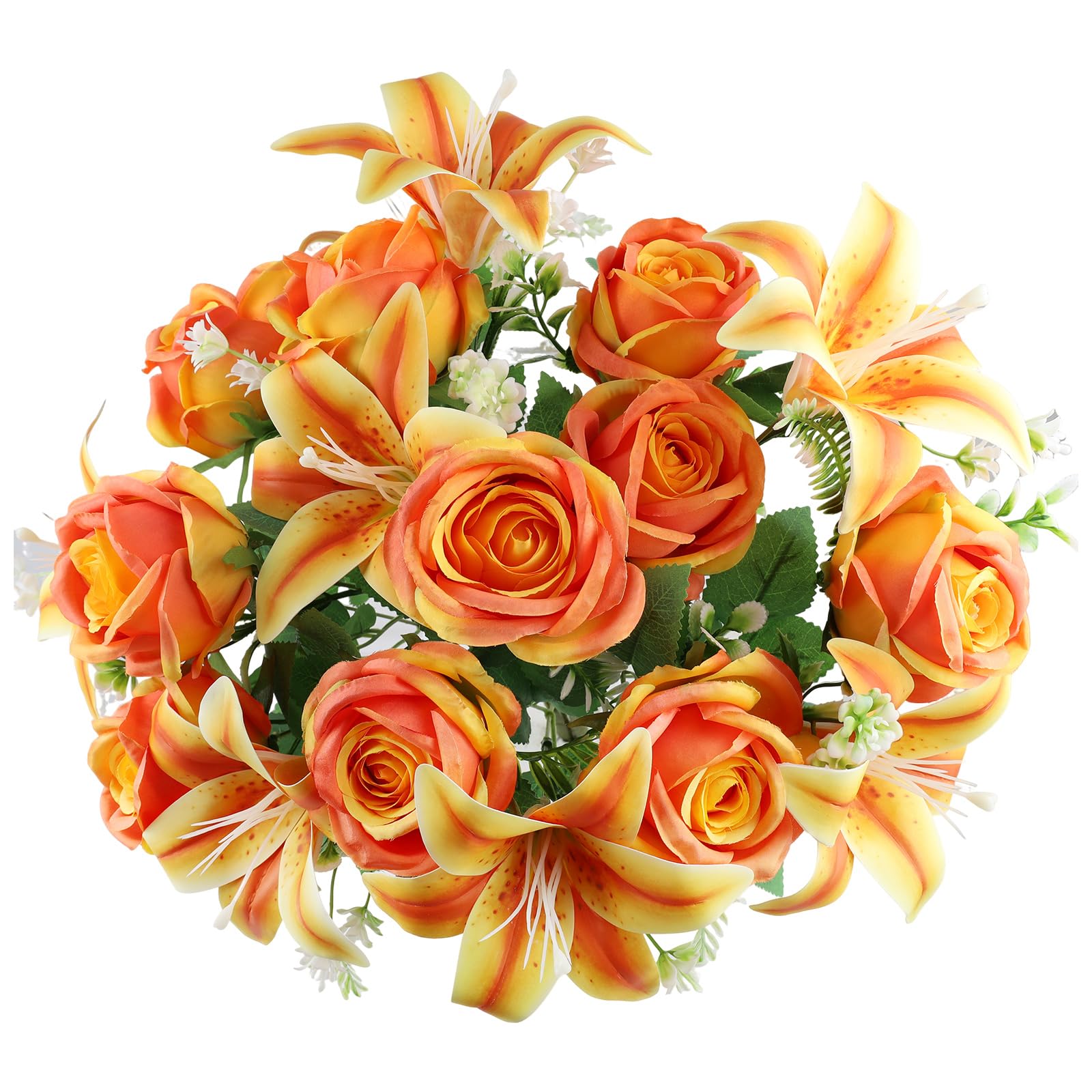 Photo 1 of 2 Set Artificial Cemetery Flowers with Grave Vase-2 Bunches Lilies & Rose Mixed Orangish Yellow Silk Memorial Flowers-2 Cemetry Vase with Foam for Outdoor Headstones Gravesite Graveyard Decorations