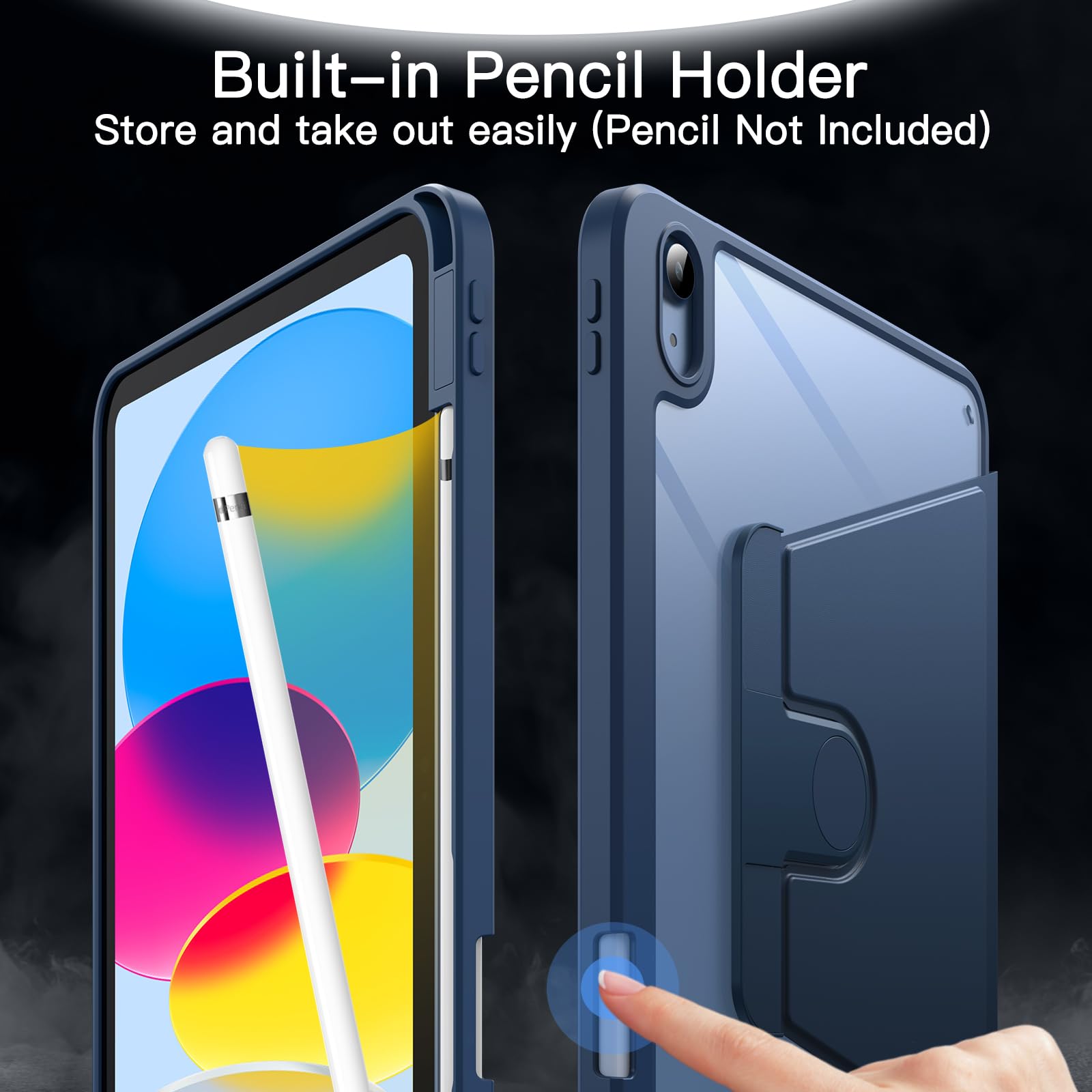 JETech Rotating Case for iPad (A16) 11th/10th Generation (2025/2022) with Pencil Holder, 360 Degree Rotation Protective Stand Cover Clear Back, Auto Wake/Sleep (Navy)