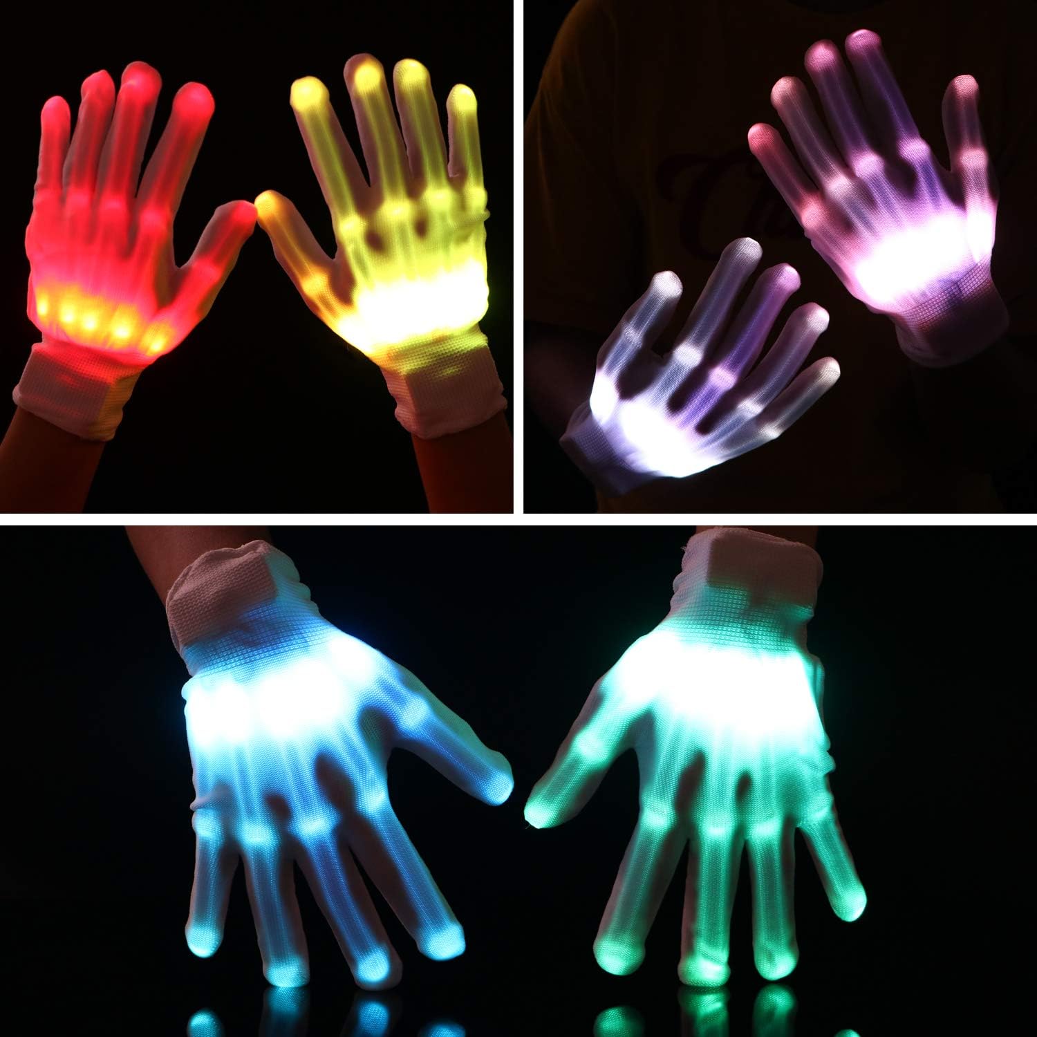 Schour LED 12-Color Flashing Skeleton Gloves - Novelty Christmas Costume Party Gloves, 1 Pair, White