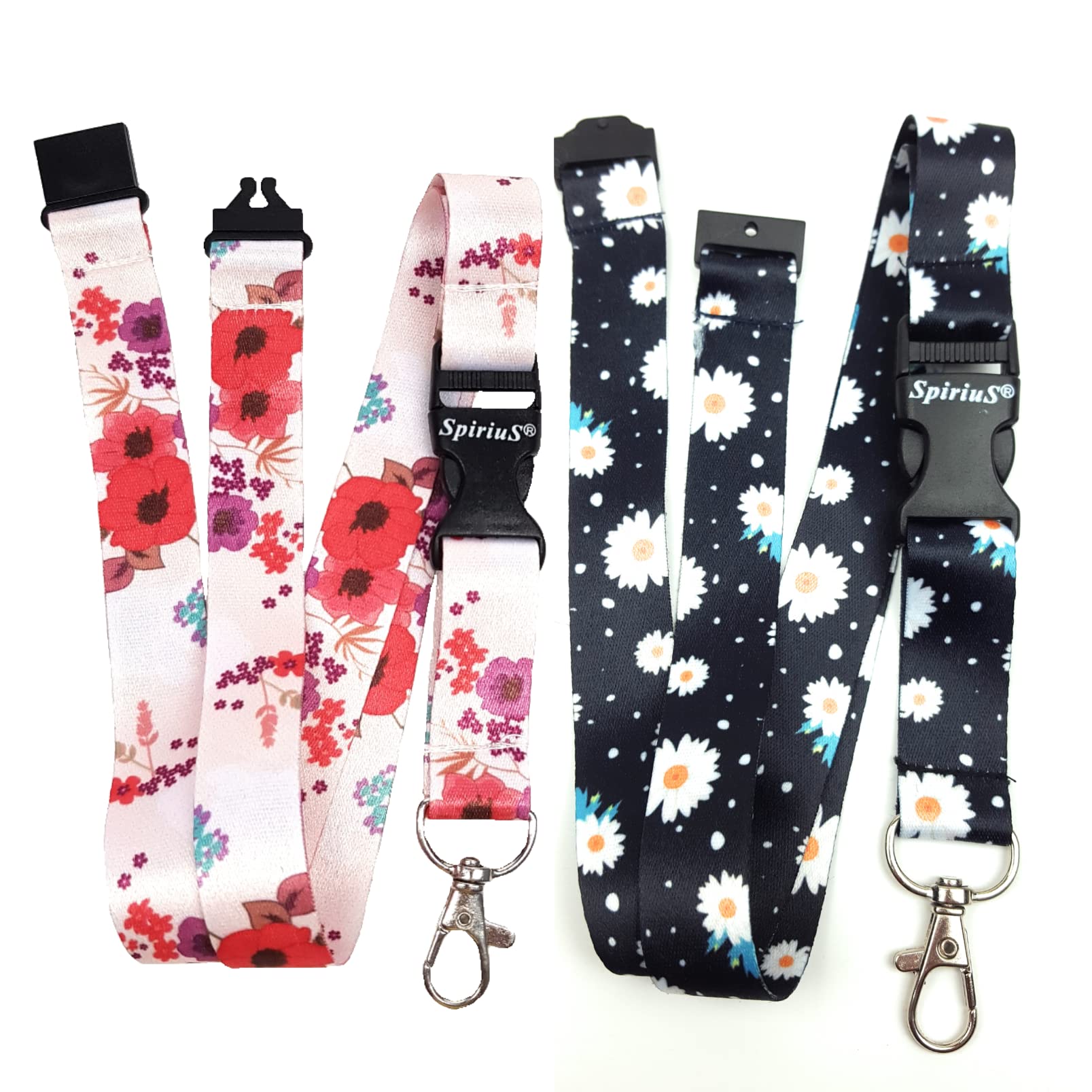 Set of 2 X SPIRIUS Lanyard Neck Strap Holder with Break Away Safety Clip for Keys, Badge, Id Card Holder Flowers Design (2 x Lanyard Set y)