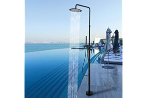 RBROHANT Freestanding Outdoor Shower Black, Height Adjustable Outside Showers for Backyard Garden Pool Beach, Outdoor Shower Fixtures with 10” Rain Shower Head and Handheld, Matte Black, JK0316