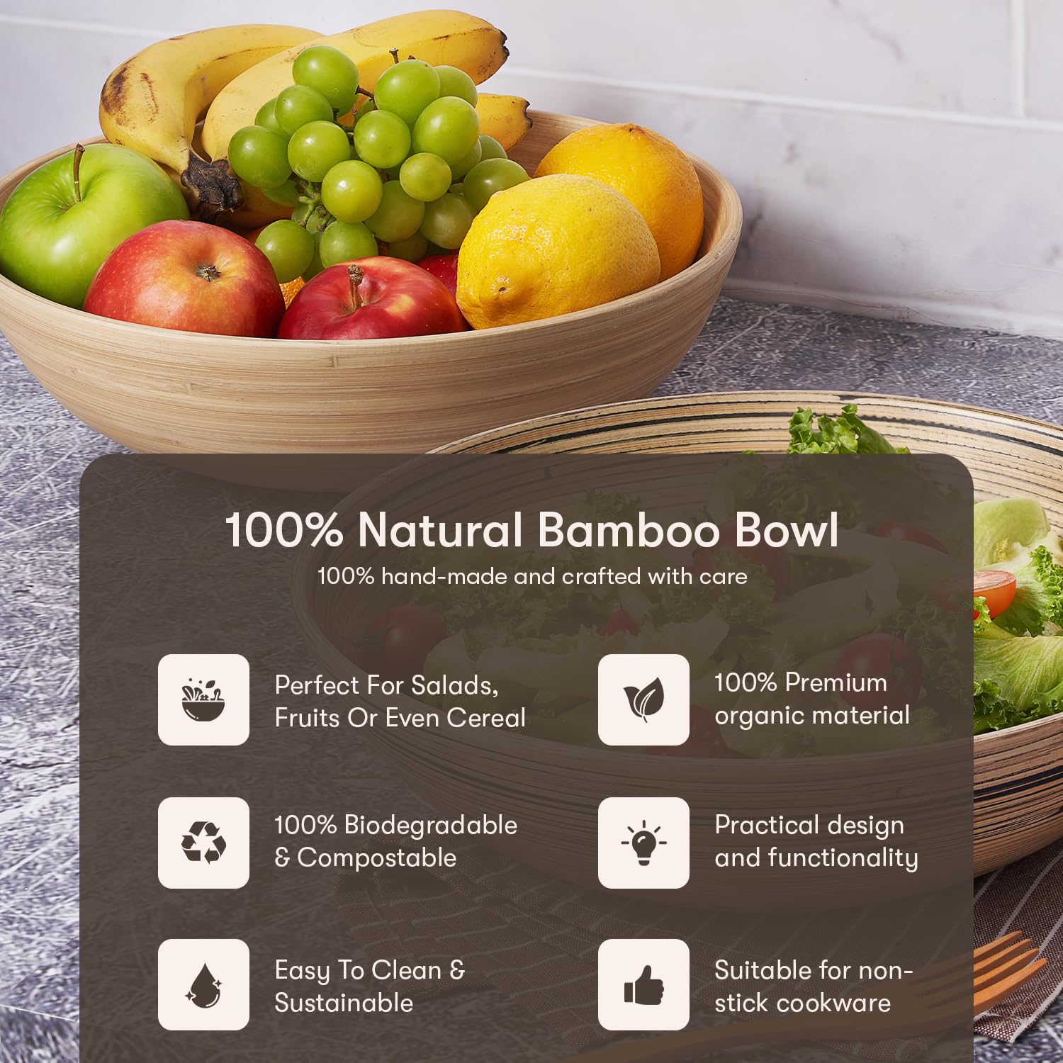 LEXA 12" Handmade Natural Bamboo Wooden Salad Bowl - 130 oz Lightweight Large Wooden Bowls for Food - Bamboo Wooden Fruit Bowl for Kitchen Counter, Wood Bowls for food - Wooden Serving Bowl for Snacks - Image 8