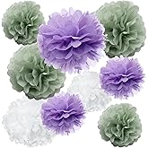 Sage Green Purple Party Tissue Paper Pom Poms Decorations - 9-Pack Mixed Pastel Purple Lavender Fluffy Flowers for Butterfly Woodland Baby Shower, Bridal Shower, Wedding Birthday Nursery Wall Decor