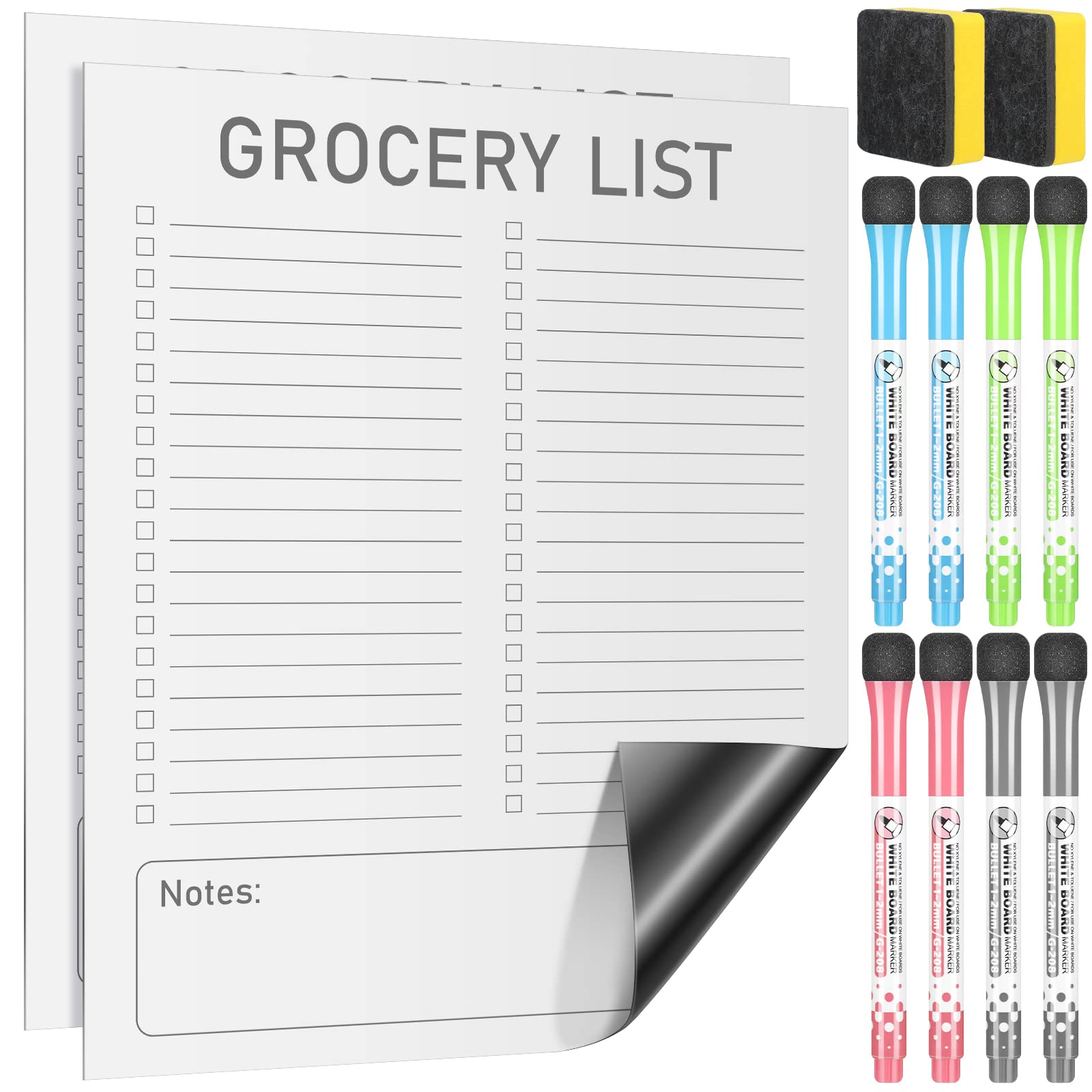 Photo 1 of 2 Pcs Magnetic Dry Erase to Do List Grocery Pad Whiteboard Sheet for Fridge 10" x 12" Magnetic to Do List White Board with 8 Whiteboard Markers 2 Eraser for Refrigerator Kitchen(Gray Line)