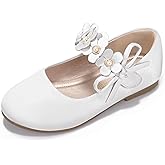 PANDANINJIA Toddler Girls Dress Shoes Flower Girl Flats Pearls Bow Mary Jane Wedding Party Flora Shoes