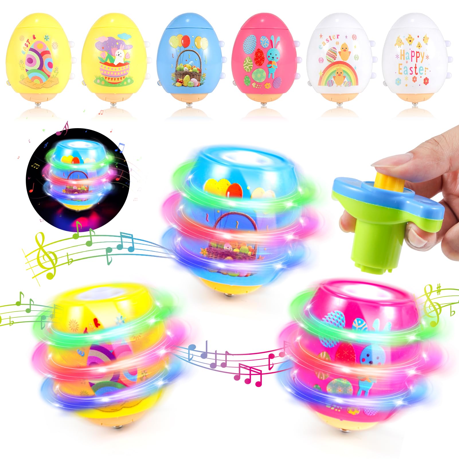 6 PCS Easter Basket Stuffers for Toddler Kids, Light Up & Singing Spinning Top with Flash, Easter Egg Hunt Party Favor Toy Gifts, Kids Goodie Bag Fillers, Easter Gifts for 3+ Boys Girls