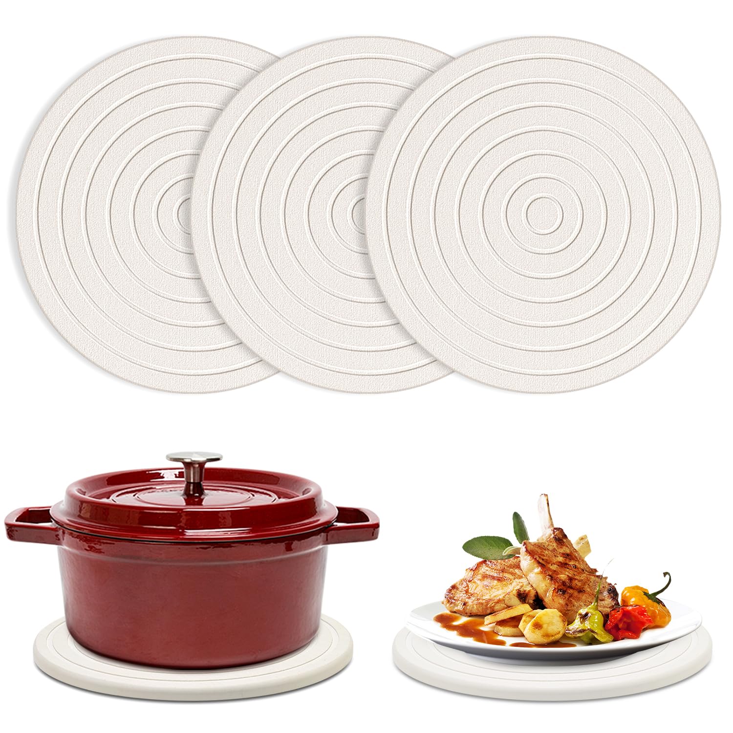 Photo 1 of 3 Pack Large Trivets for Hot Pots and Pans Holder Quartz Countertops Diatomite Round Bathroom Sink Tray Silicone Trivets for Hot Dishes Coasters Stone Trays for Kitchen Modern Ceramic Trivet Set