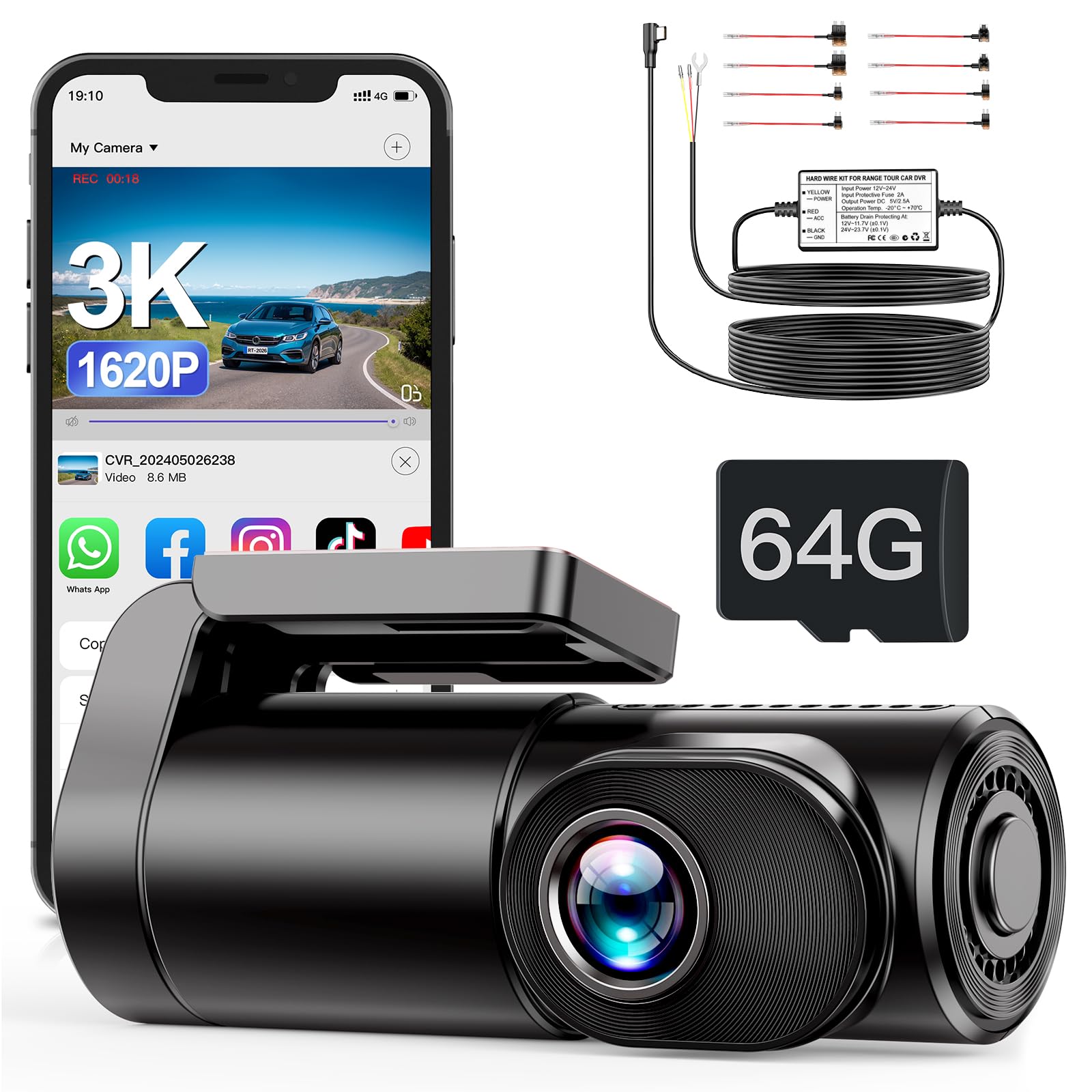 Range Tour 3K Dash Cam Front WiFi Car Camera with 3-core Hardwire Kit for 72 Hours Parking Monitor, 0.96" Display Driving Recorder, APP Control, HDR 2.0, Loop Recording, Night Vision, 170°Wide Angle