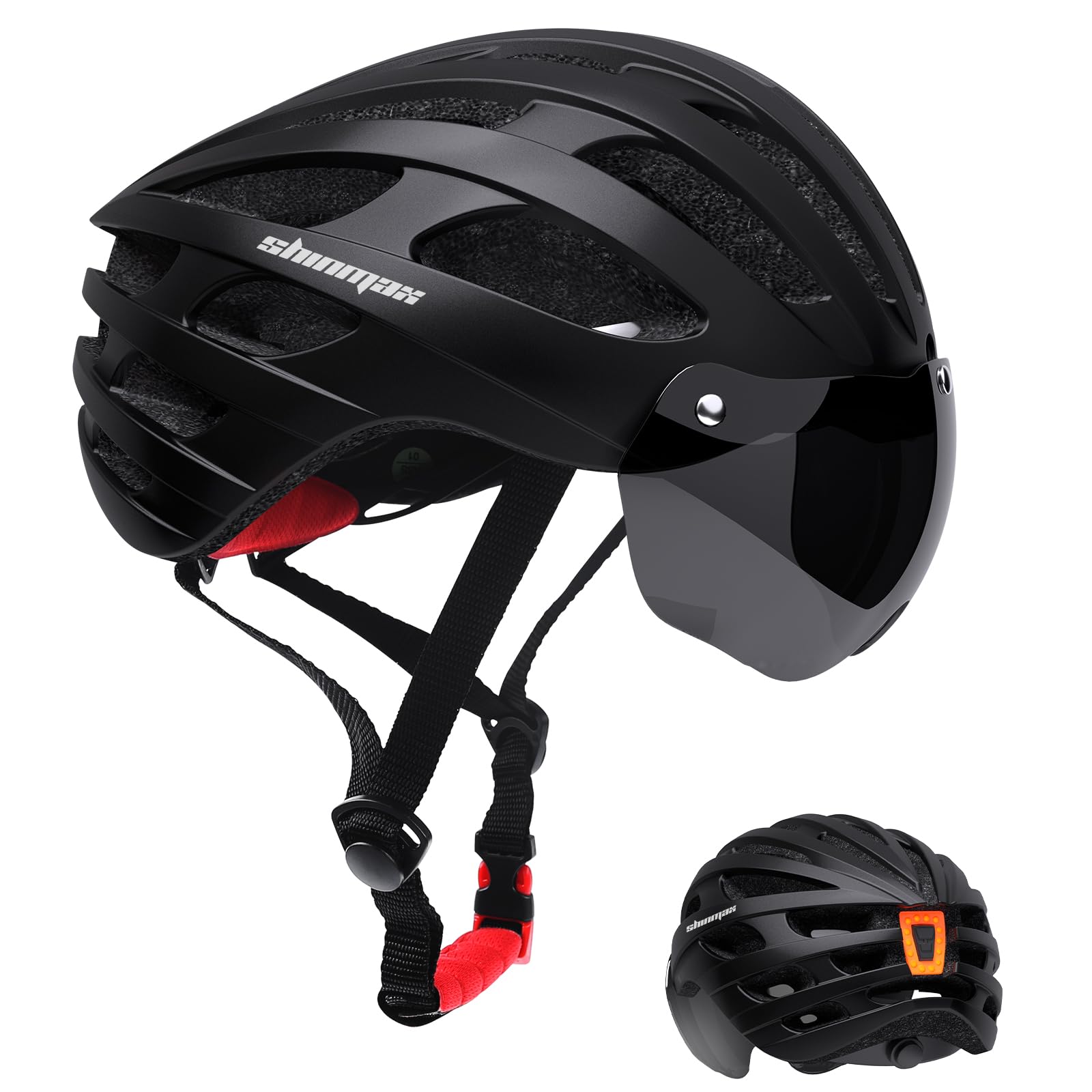 Shinmax Bike Helmet with USB Rechargeable LED Light - Magnetic Goggles & Adjustable Visor, Lightweight MTB/Mountain/Cycling Helmet for Men & Women,Adjustable Size 57-62cm